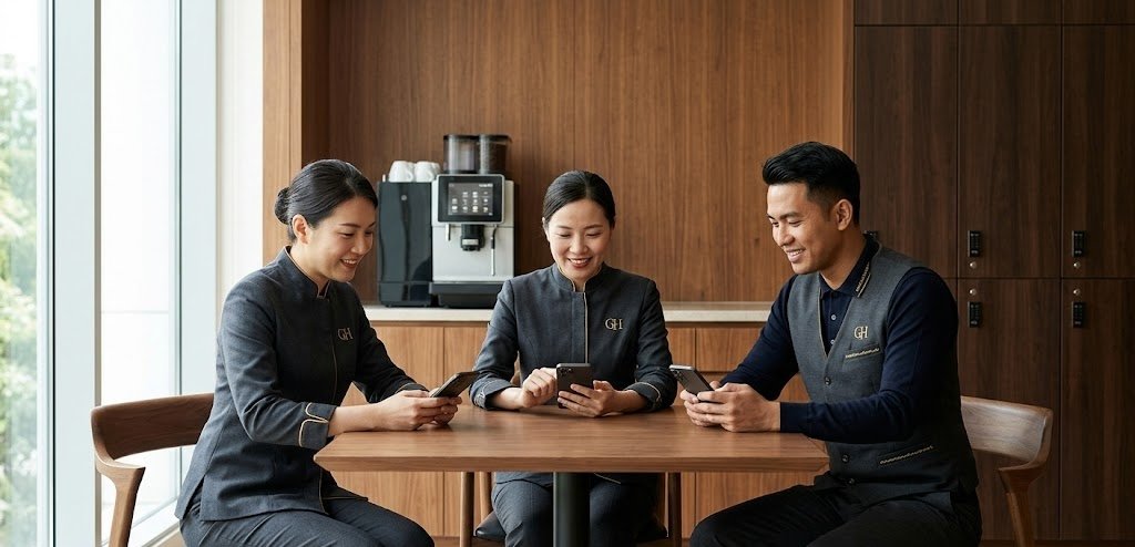 三名身穿制服的酒店员工围坐在员工休息室的桌旁，各自查看手机