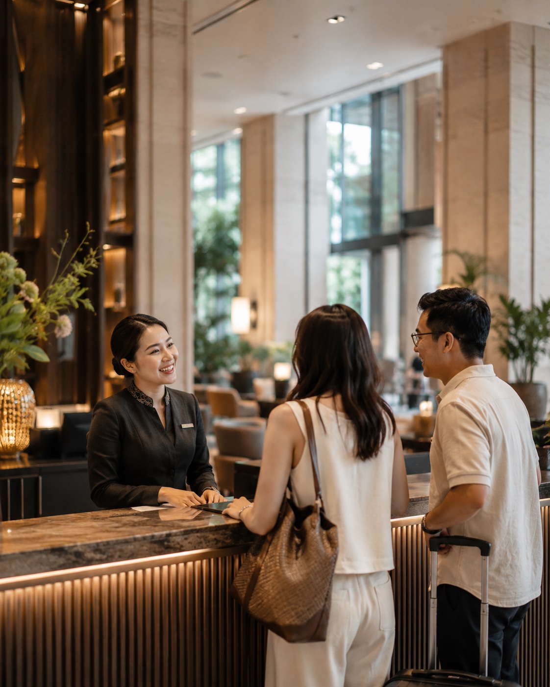 酒店大堂内，一线团队正在迎接到店宾客