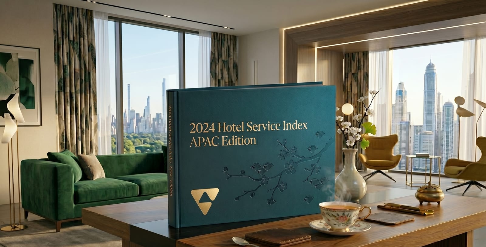 豪华酒店套房内展示的《2024年酒店服务指数APAC版》报告