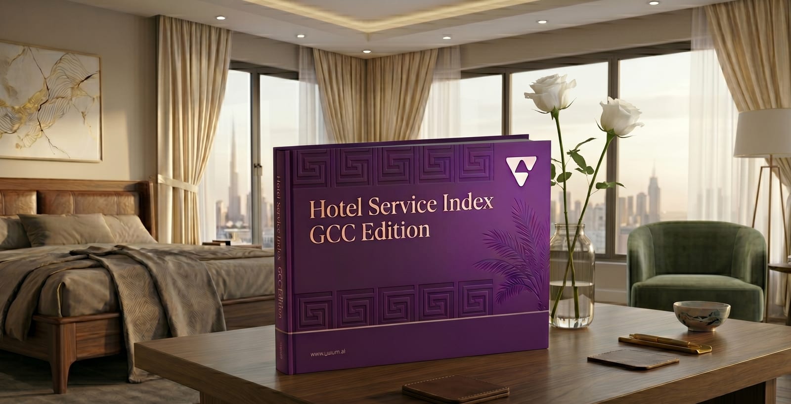 《The Hotel Service Index》GCC版报告陈列在海湾地区一家豪华酒店的客房内