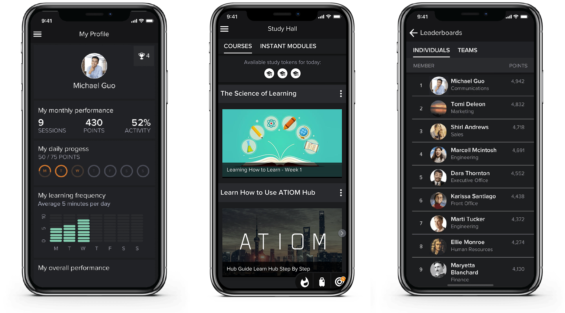 Atiom app's progress page, study modules, gamification tab and team leaderboard