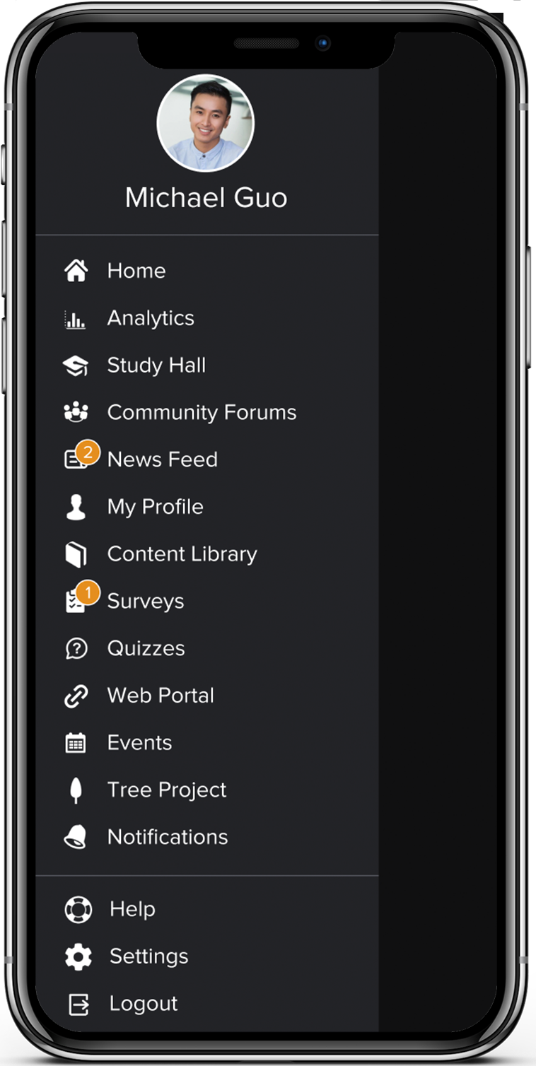 Atiom mobile app side menu showing workplace training and engagement features.