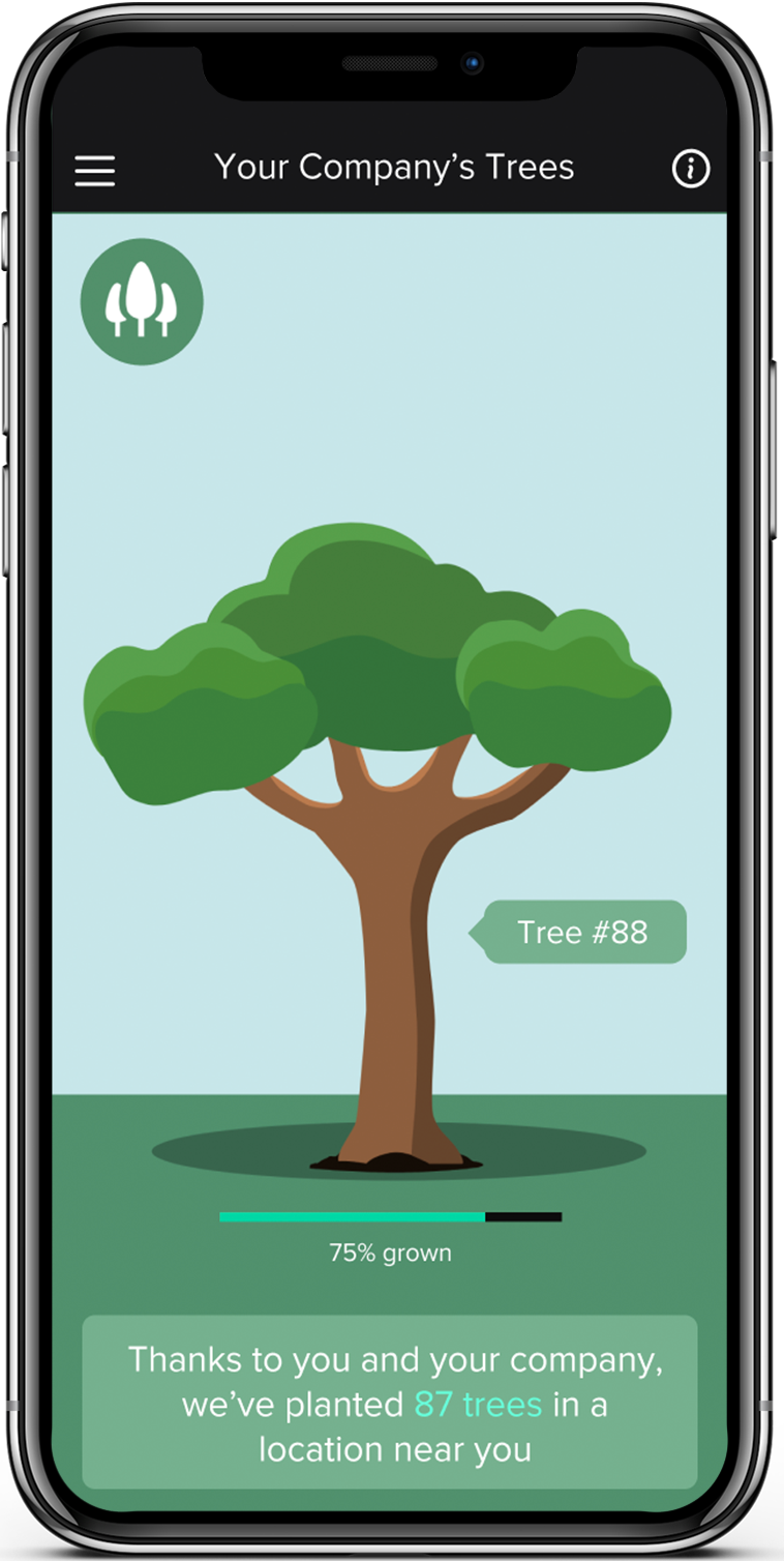 Screenshot of the Atiom app's Tree Project ESG initiative.